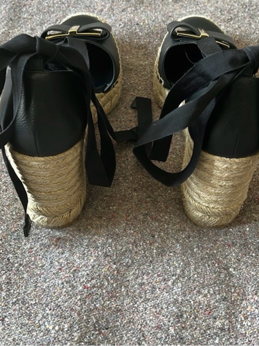 Salvatore Ferragamo Black Leather Geranio Espadrille Wedges with Ribbon Tie - Picture 3 of 10